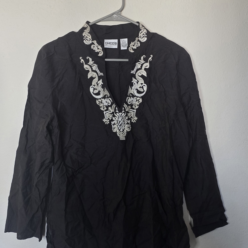 Chico’s Brown Embroidered Tunic Top Boho Peasant Cotton Classic Blouse Size 1